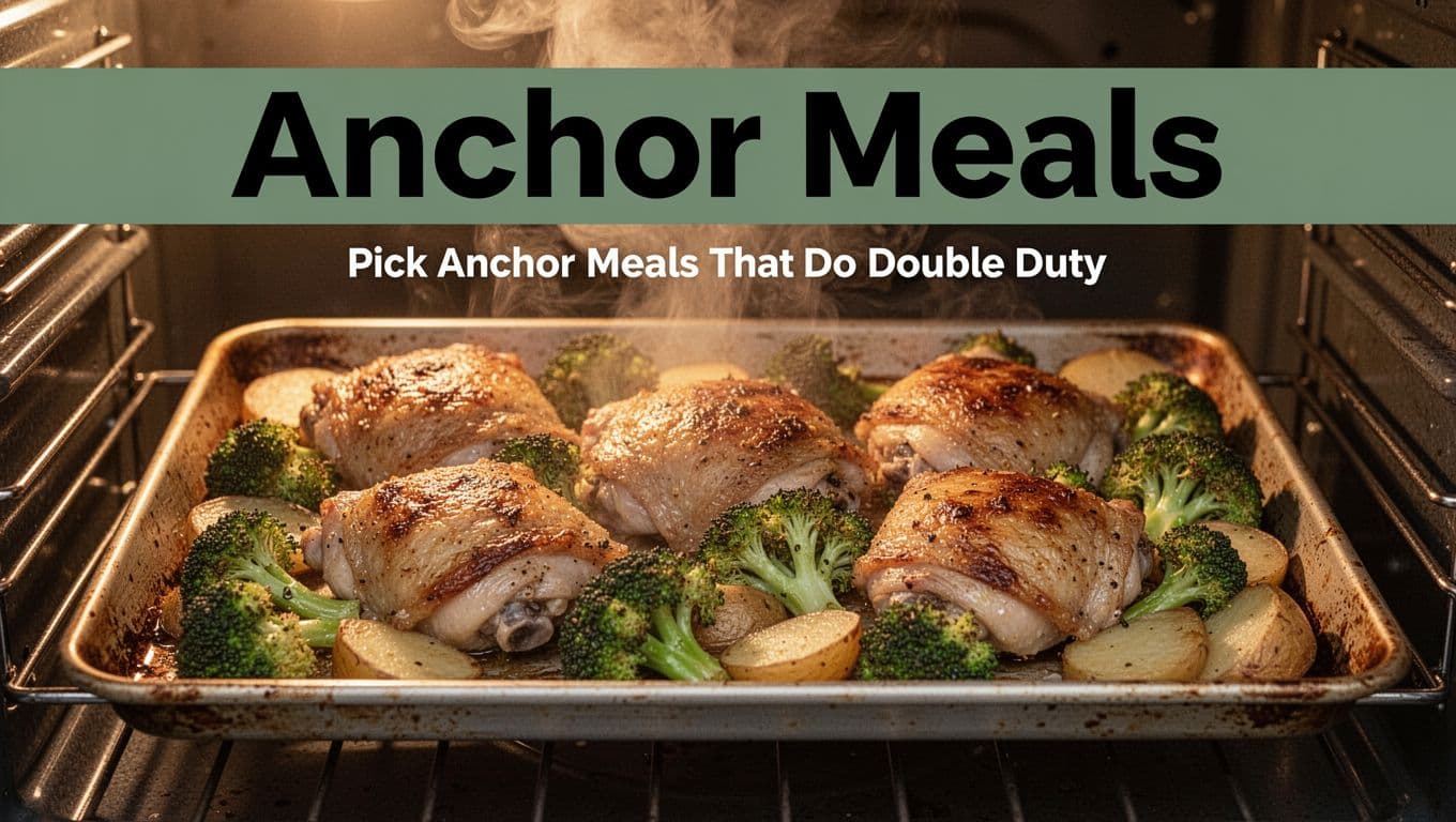 Golden roasted chicken thighs with broccoli florets and potatoes on a single sheet-pan, oven-fresh with steam rising, captured in close-up appetizing food photography with warm golden hour lighting. Bold 'Anchor Meals' headline in geometric sans-serif font on a muted dark-green band at the top.