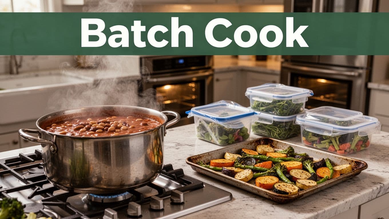 Kitchen scene showing batch cooking setup with a large pot of simmering bean stew on the stove, nearby sheet pan of roasted vegetables, and containers ready for freezing on the counter, steam rising gently under warm oven light.