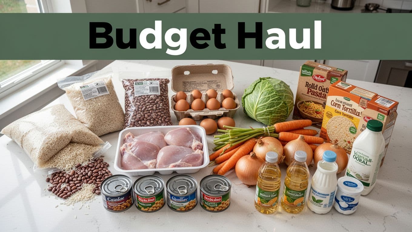 Top-down kitchen counter view of budget grocery essentials like rice, beans, chicken thighs, eggs, cabbage, carrots, onions, canned tuna and chickpeas, oats, pasta, tortillas, oil, milk, and yogurt, styled photorealistically with natural light and 'Budget Haul' headline.