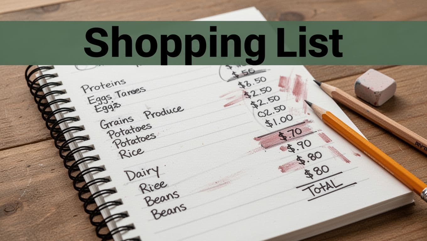 Close-up of an open spiral notepad on a wooden table with a handwritten categorized shopping list including proteins, grains, produce, dairy, and extras, with sample items, quantities, prices totaling under $80, pencil nearby, eraser marks, natural window light, and bold 'Shopping List' headline.