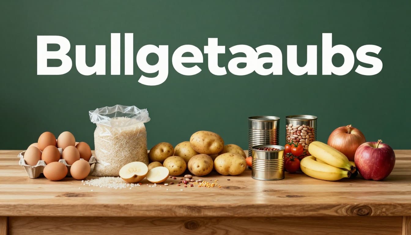 Top-down view of a wooden kitchen table arranged with affordable grocery staples including a dozen eggs, pile of potatoes, bag of rice, canned beans, tuna, and tomatoes, plus carrots, onions, apples, and bananas, in natural daylight with soft shadows and clean realistic photo style.