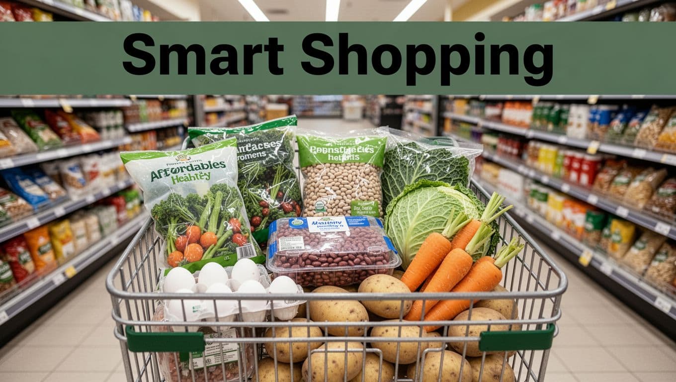 Grocery cart filled with affordable nutrient-dense foods like frozen veggies, eggs, beans, cabbage, carrots, and potatoes in a bright supermarket aisle, topped with bold 'Smart Shopping' headline.