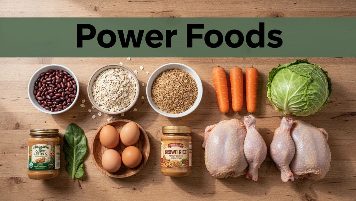 Top-down realistic photo of cheap powerhouse foods like dry beans, oats, brown rice, eggs, carrots, cabbage, peanut butter, and chicken thighs neatly arranged on a wooden kitchen table with natural daylight and muted tones. Bold 'Power Foods' headline in geometric sans-serif on a dark-green band at the top.