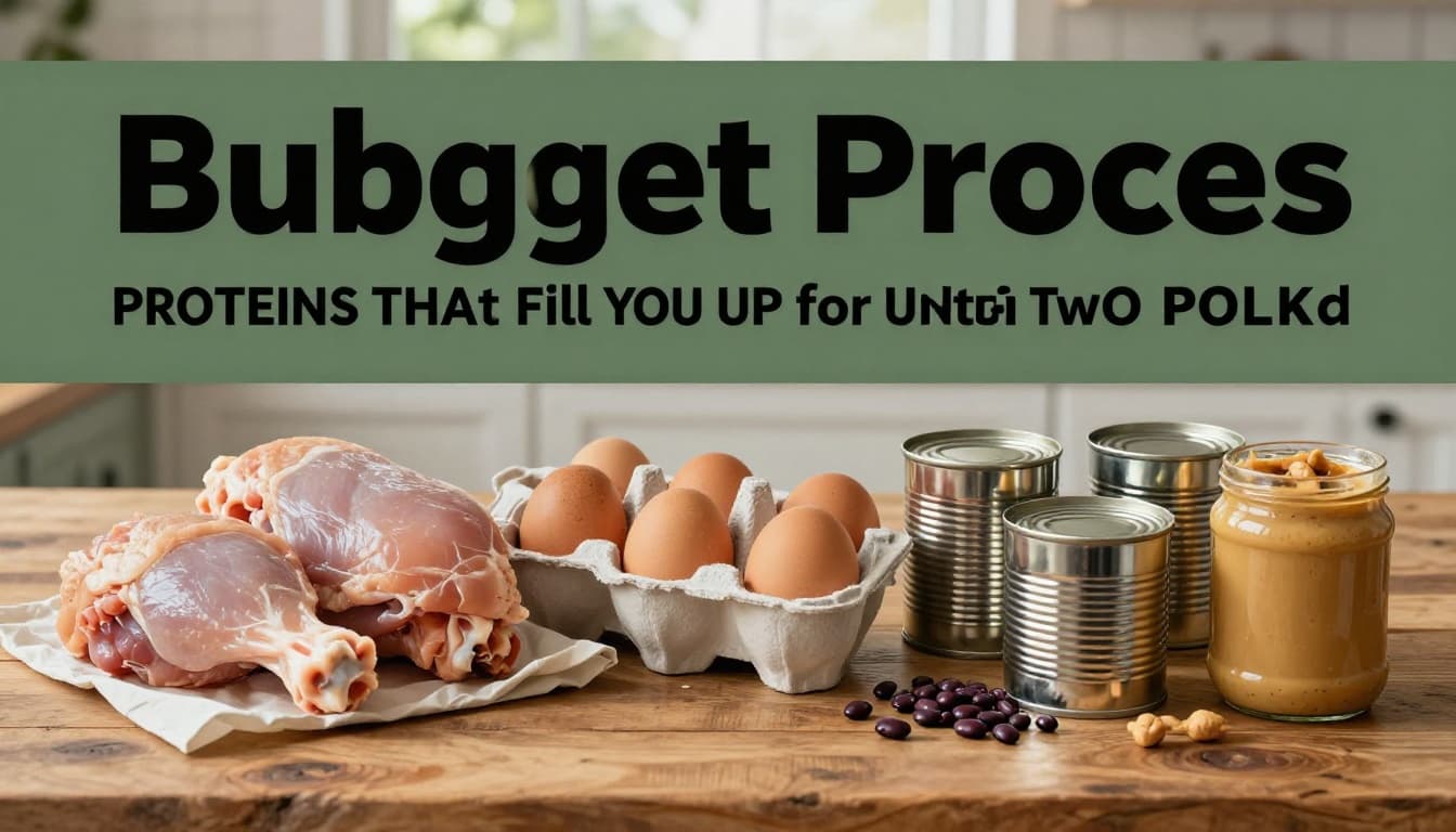 Top-down photorealistic view of affordable proteins: bone-in chicken thighs, open carton of brown eggs, cans of black beans and tuna, jar of peanut butter arranged on rustic wooden table with soft natural light.