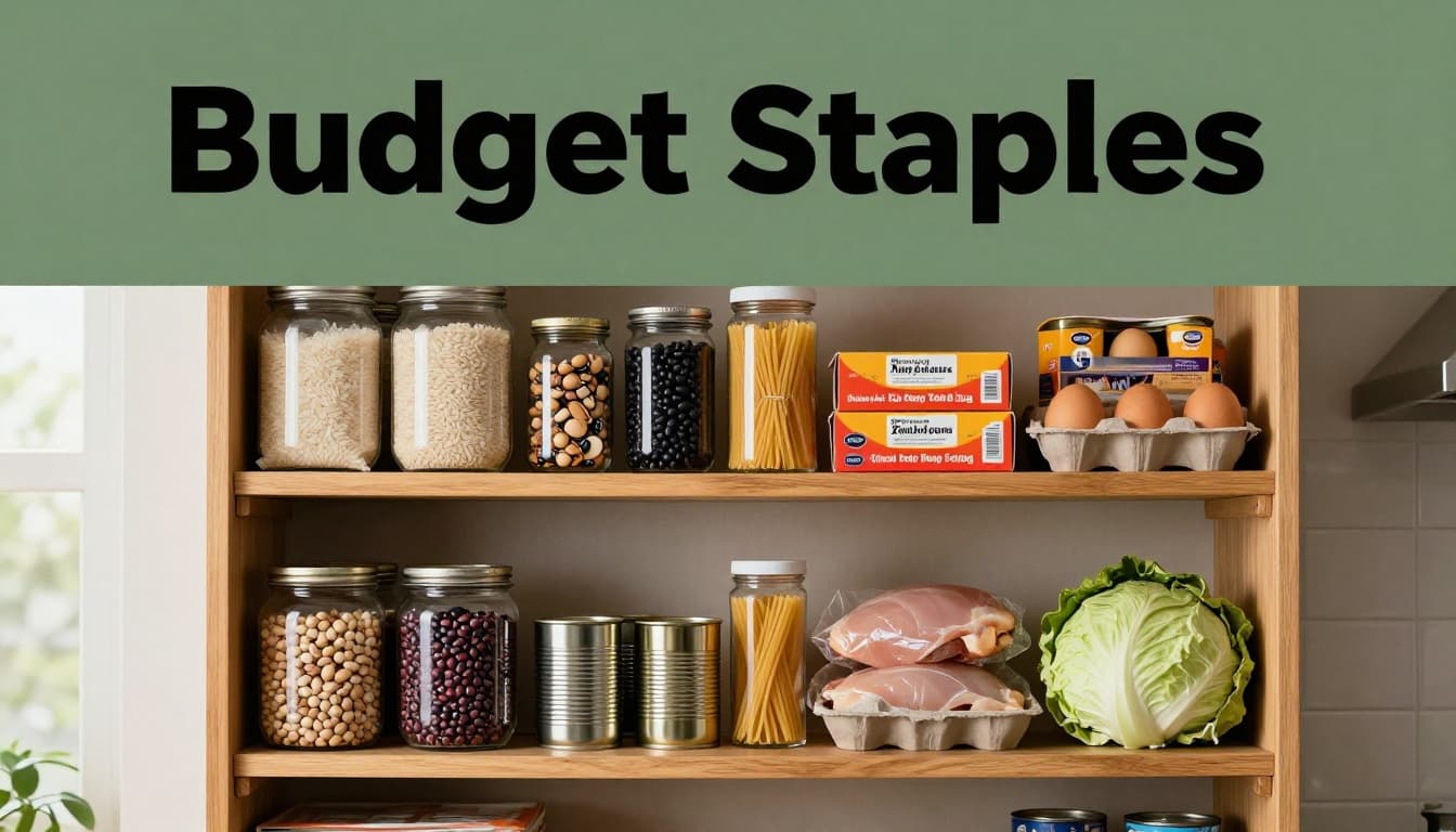 Wooden pantry shelf in a cozy home kitchen stocked with affordable staples like white rice, pinto and black beans, pasta, canned tuna and sardines, eggs, chicken thighs, cabbage, under soft warm lighting in photorealistic style with 'Budget Staples' headline.