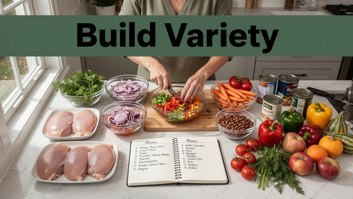 Top-down view of a busy home kitchen counter organized for bulk meal preparation, featuring hands chopping onions, carrots, and bell peppers into bowls, with raw chicken breasts, cans of beans, fresh produce, and an open notebook with handwritten menu nearby, lit by natural window light. Bold 'Build Variety' headline in geometric sans-serif on a dark-green band at the top.