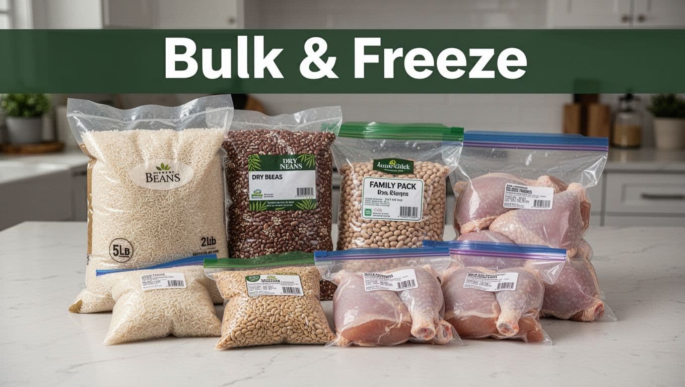 Bulk grocery items featuring a 5lb bag of white rice, 2lb bag of dry beans, and family pack of raw chicken thighs portioned into freezer bags on a clean kitchen counter with soft lighting and a 'Bulk & Freeze' header band.