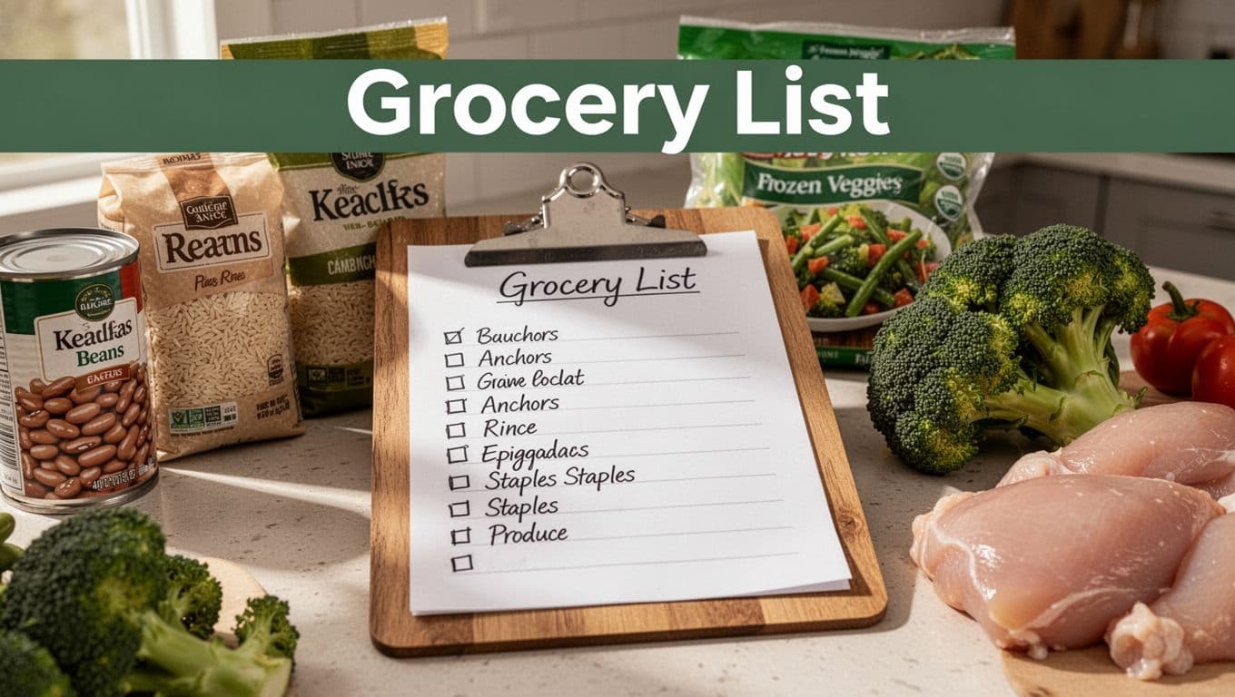 Close-up of a neatly organized handwritten grocery list on a wooden clipboard on a kitchen counter beside pantry staples like canned beans, rice, frozen veggies, fresh broccoli, and chicken, in realistic food photography with warm daylight.