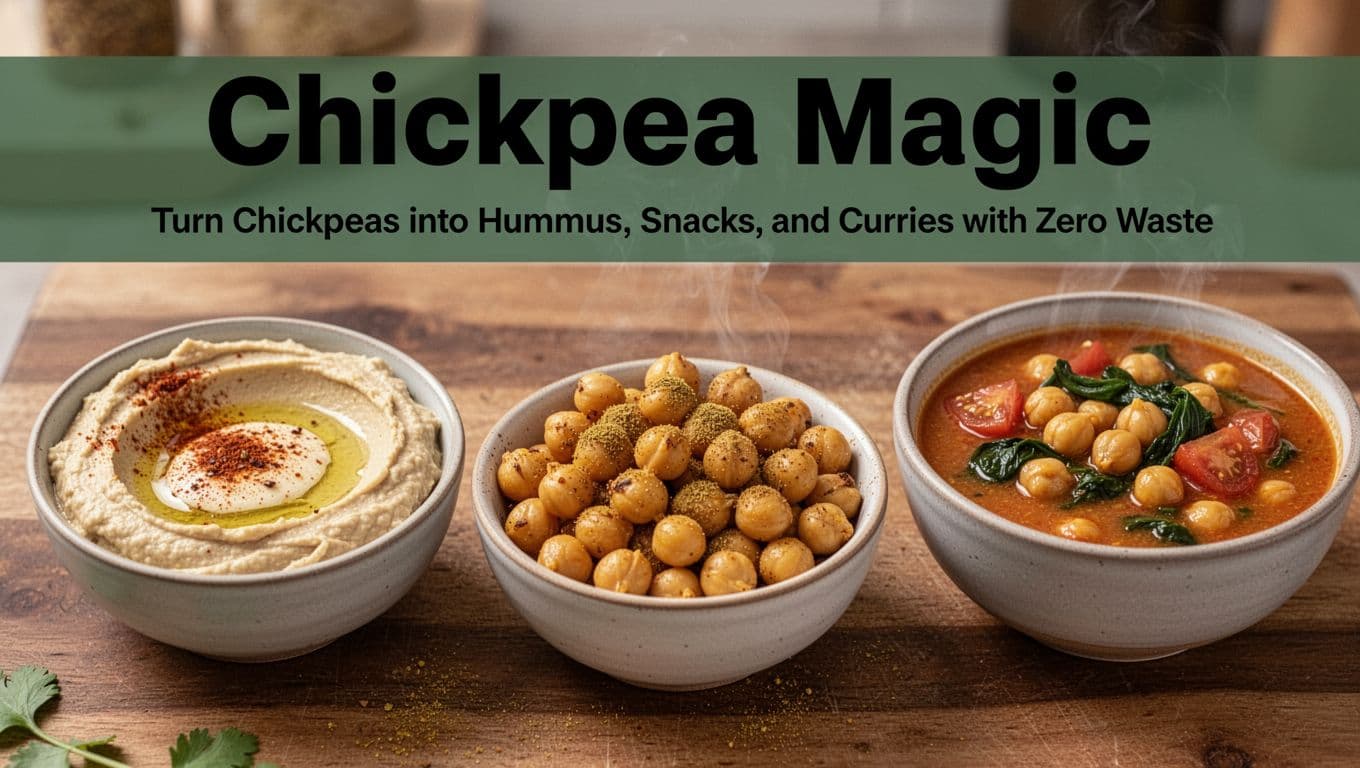 Close-up of three bowls on a wooden table: creamy hummus garnished with olive oil and paprika, golden roasted chickpeas with cumin, steaming chickpea curry with tomatoes and spinach, under bold 'Chickpea Magic' headline in dark-green band.