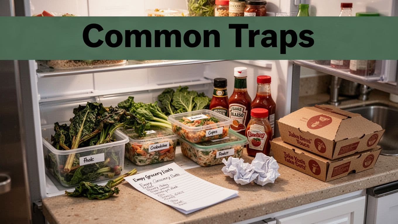Cluttered home kitchen counter and open fridge reveal meal planning pitfalls like wilted veggies, unlabeled leftovers, crumpled grocery list, takeout boxes, and half-used condiments in realistic photo style with natural daylight.