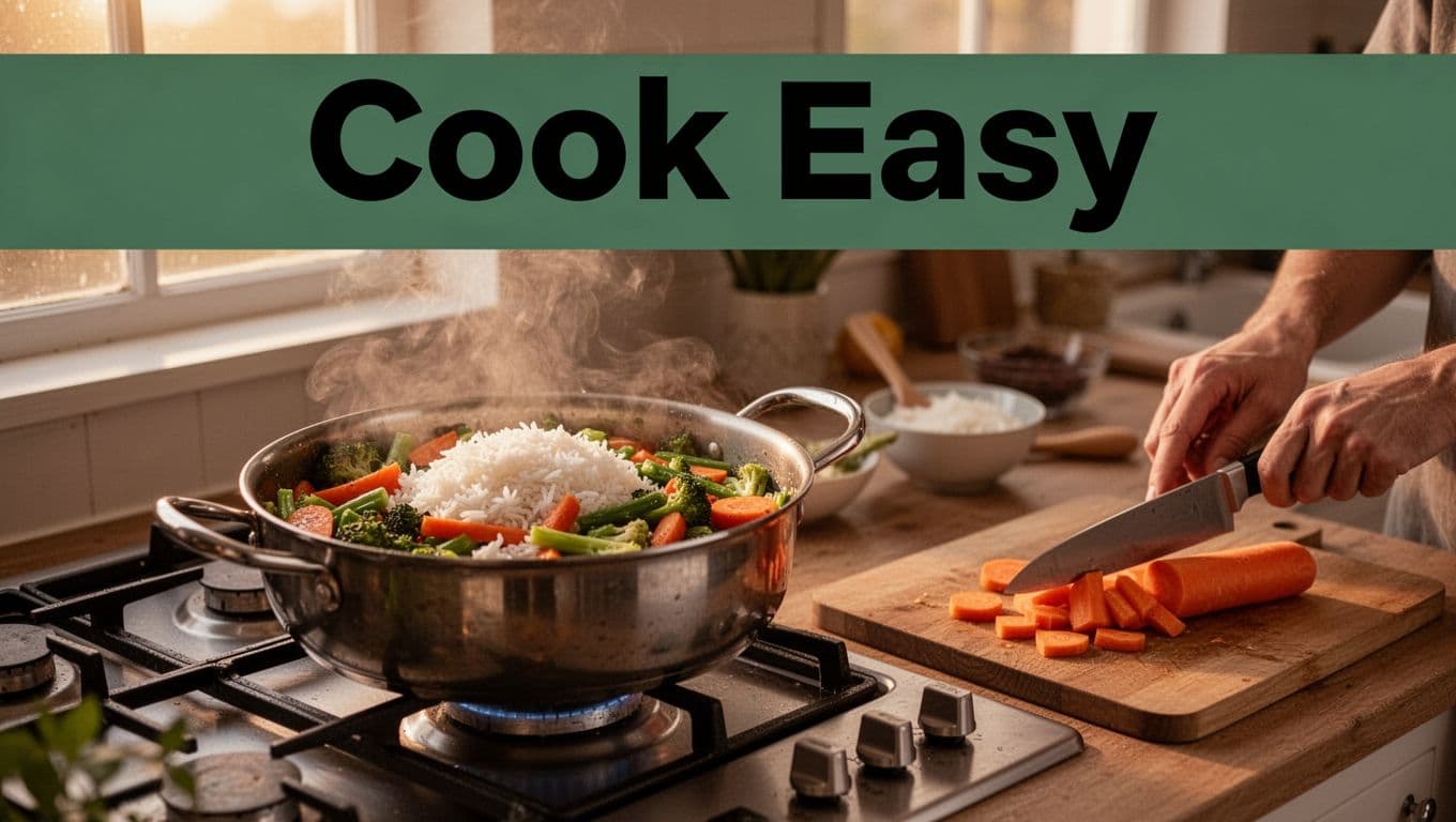 Realistic photo of a steaming pot of vegetable stir fry with rice on the stove, knife chopping carrots nearby, basic kitchen tools in warm evening light through window, angled side composition focusing on healthy meal prep, with bold 'Cook Easy' headline on muted dark-green band at top.
