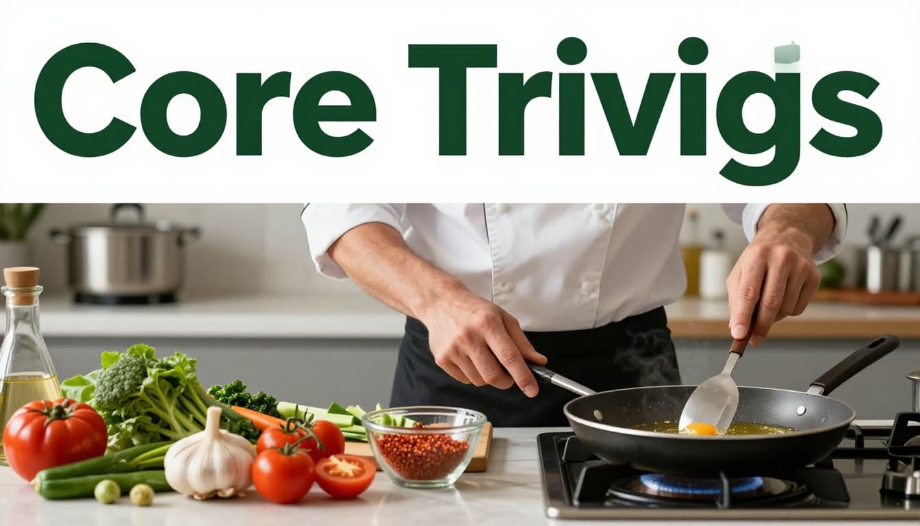 Photorealistic wide composition of a bright kitchen prep area showing mise en place with chopped vegetables, measured spices, and a hot pan with oil on the stove; exactly one relaxed chef's hand visible, topped by a bold dark-green edge-to-edge header band with 'Core Techniques' in geometric sans-serif.