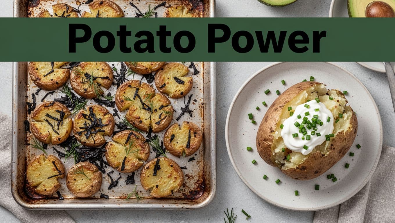 Golden crispy smashed baby potatoes on a baking sheet with herbs and dulse flakes, beside a loaded baked potato topped with yogurt and chives, in realistic overhead kitchen lighting with textured details.