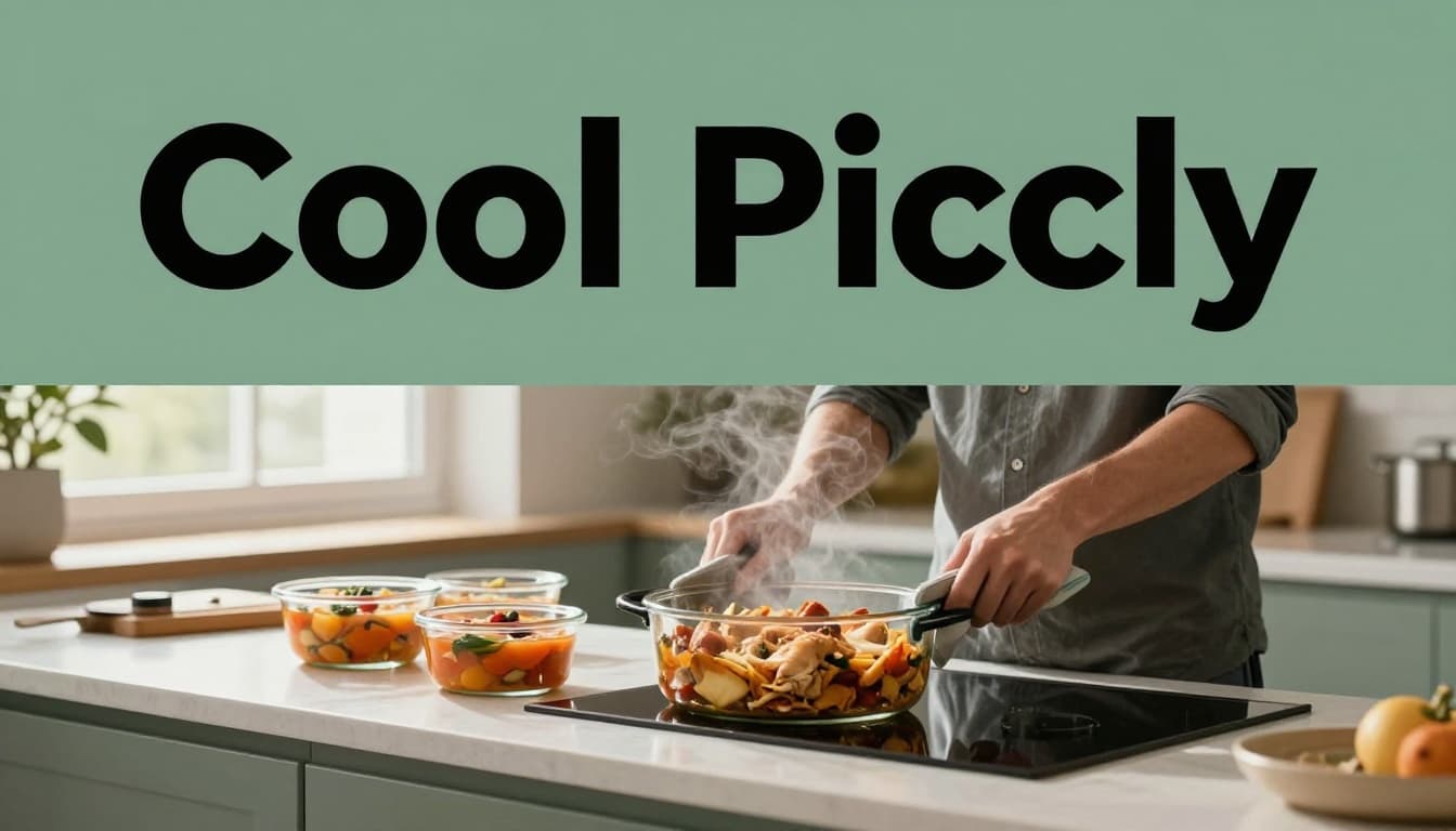 Two hands wearing oven mitts divide a large pot of steaming chicken casserole into three shallow glass containers and one soup container on a clean modern kitchen counter, with gentle steam rising under bright natural window light.
