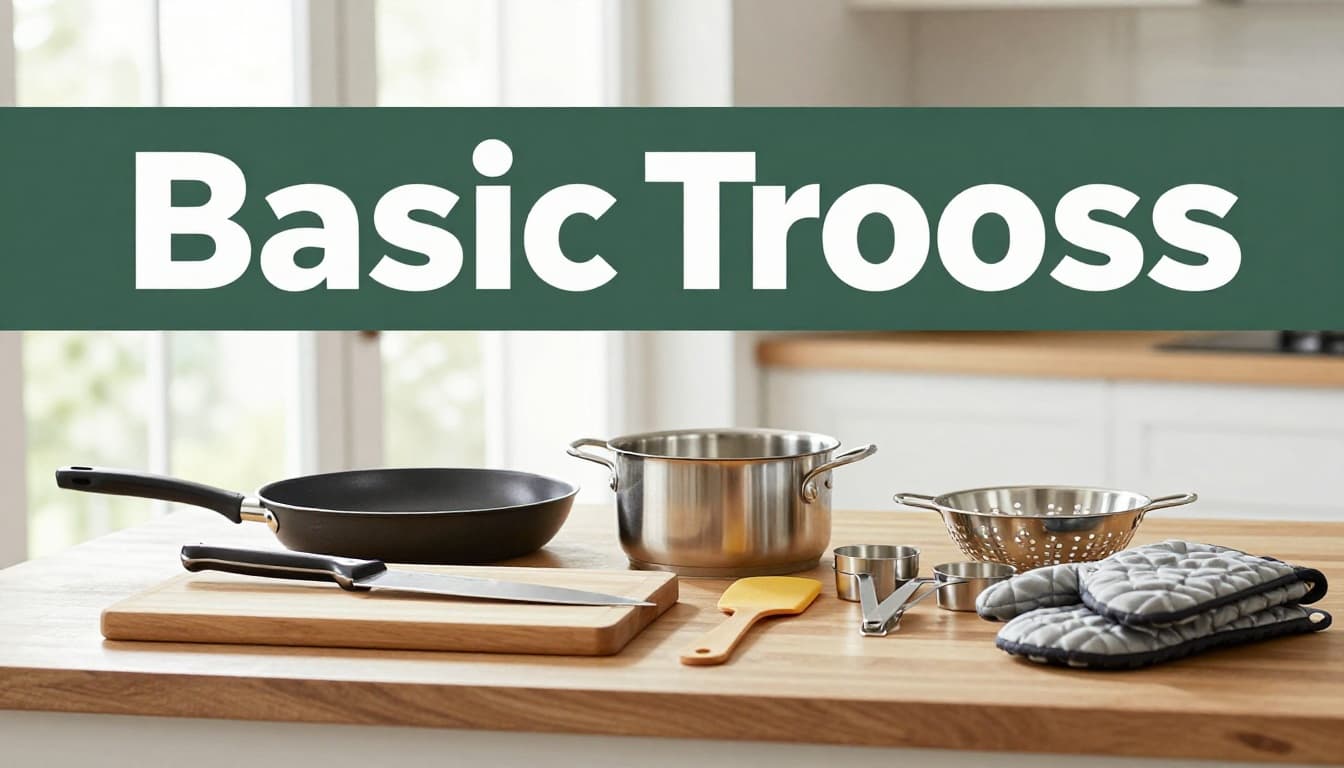 A wooden kitchen table with neatly arranged essential beginner kitchen tools: sharp chef's knife on cutting board, stainless steel pot, non-stick frying pan, rubber spatula, measuring cups, colander, and oven mitts. Bright natural light, clean modern style with bold 'Basic Tools' headline on dark-green band.