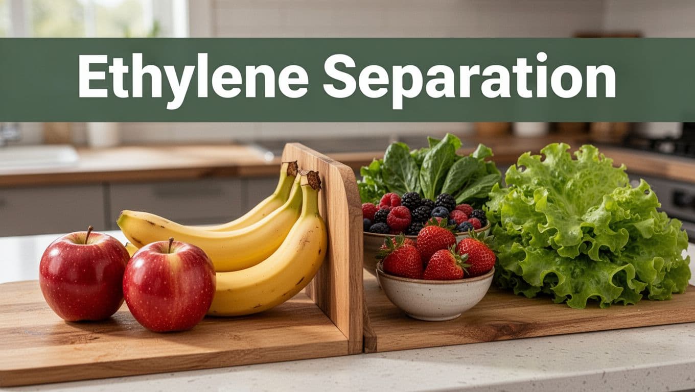 Kitchen countertop scene with two apples and three bananas on the left separated by a wooden divider from a bowl of strawberries and bunch of lettuce on the right, natural daylight lighting, realistic sharp focus photography in muted earth tones, featuring bold 'Ethylene Separation' headline on a top dark-green band.