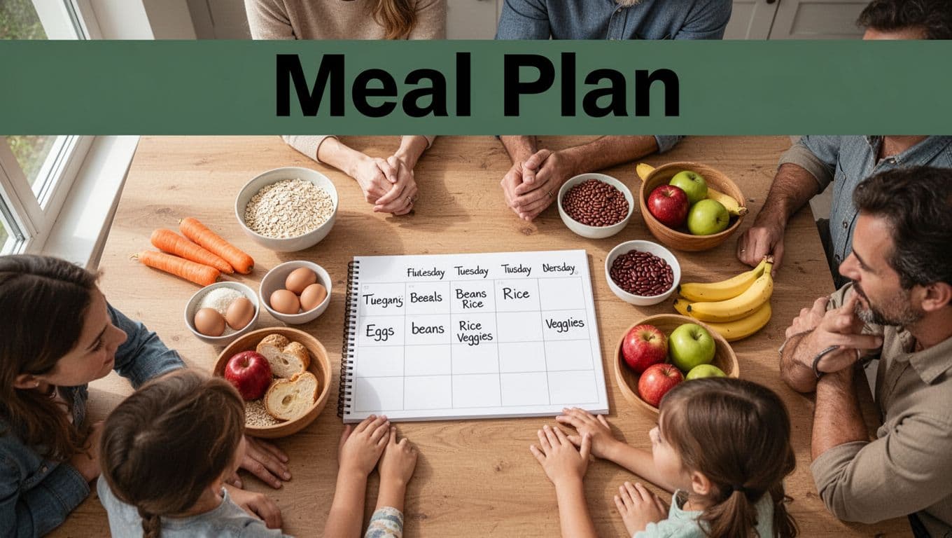 Top-view of a clean modern kitchen table with an open simple weekly meal planner notebook showing a 7-day grid of basic handwritten meals like eggs, beans, rice, and veggies, surrounded by affordable ingredients such as oats, eggs, carrots, beans, rice, bananas, and apples in bowls. Bright natural daylight, warm lighting, muted tones, two adults and two kids with relaxed hands, bold 'Meal Plan' headline on dark-green band.