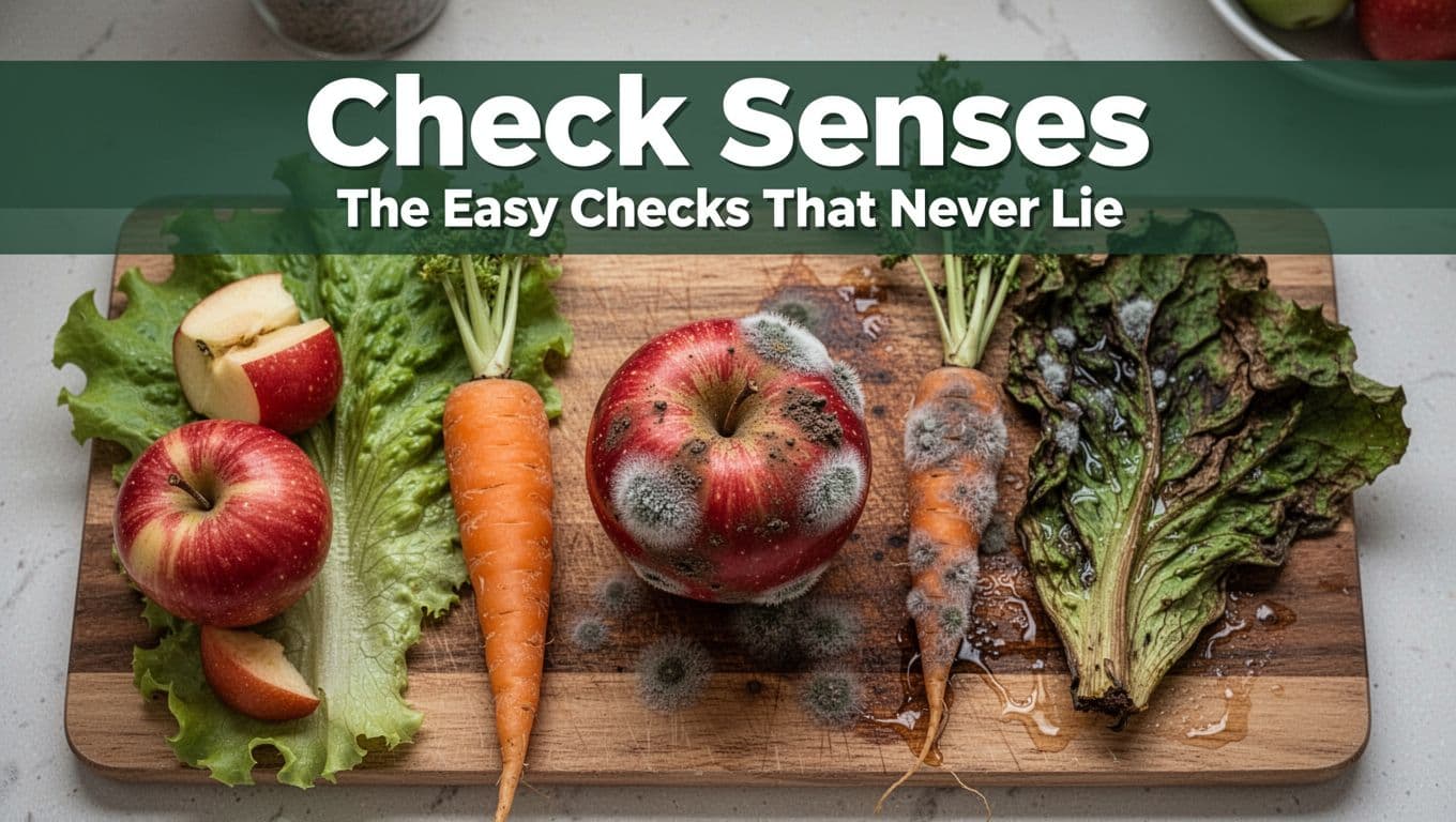 Fresh and spoiled produce including apple, carrot, and lettuce displayed side by side on a wooden cutting board in a top-down kitchen view, showcasing mold, slime, wilt, and color changes. Bold 'Check Senses' headline in high-contrast sans-serif font on a muted dark-green band spanning the top 20% of the image.