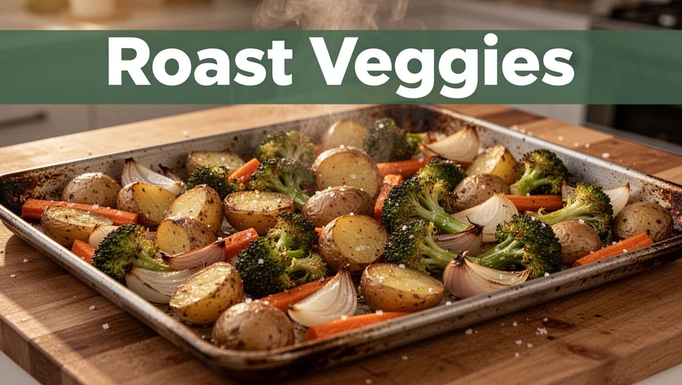 Large sheet pan of roasted potatoes, carrots, onions, and broccoli ready to portion for multiple meals.