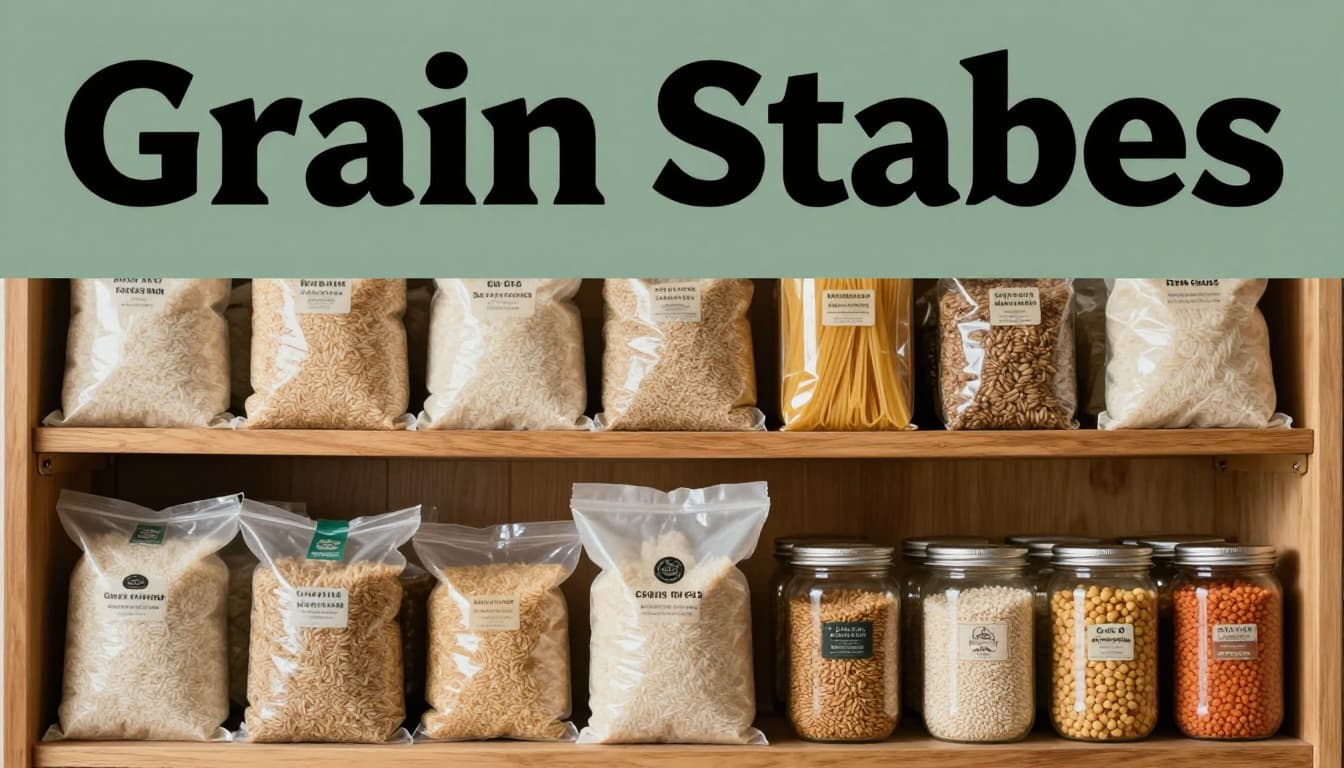 Close-up realistic photograph of a wooden pantry shelf in a cozy kitchen, stocked with white rice bags, brown rice, pasta boxes, quinoa pouches, and lentil jars under warm soft lighting. Bold editorial-style headline 'Grain Staples' overlaid in a muted dark-green band near the top.