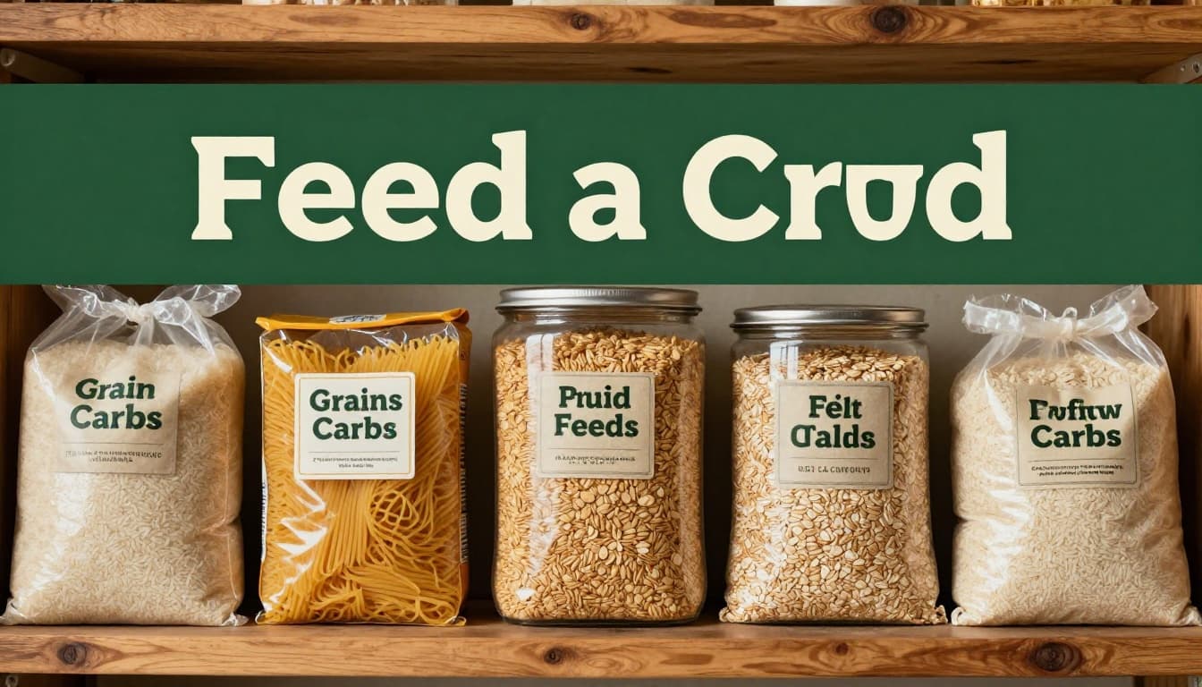 Assortment of affordable grains staples like white rice bag, pasta box, oats container, barley sack, and flour bag arranged on a rustic wooden kitchen pantry shelf with warm natural lighting. Muted dark-green top band features bold 'Feed a Crowd' headline in high contrast.