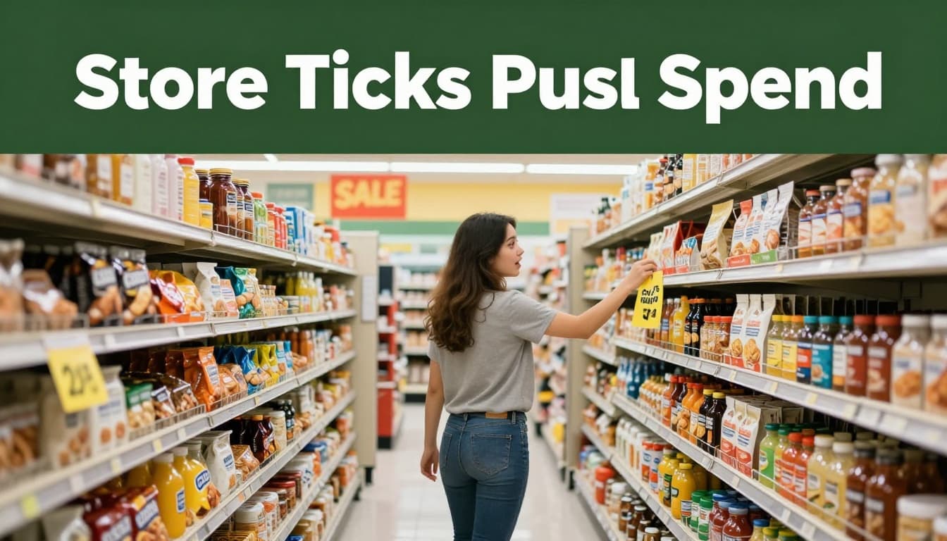 Grocery store aisle with bright sale signs and endcap displays of snacks and health foods, featuring a young adult shopper reaching for a discounted treat with tempted expression, overlaid with bold headline 'Store Tricks Push Spend'. Realistic interior photo highlighting store promotions tempting impulse spending.