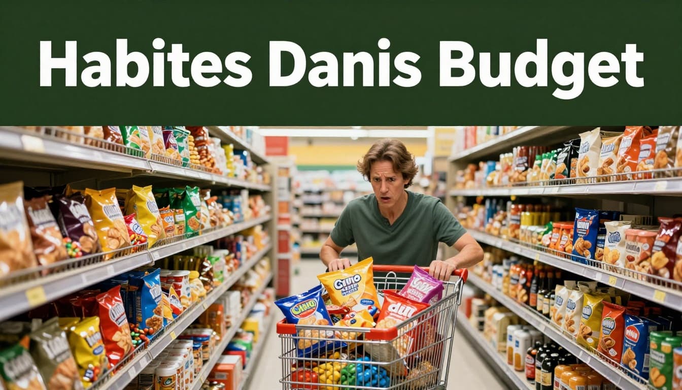 Frustrated middle-aged shopper with hands on hips faces a cluttered shopping cart overflowing with colorful snack bags, candy, and impulse buys in a well-lit grocery store aisle, topped with bold headline 'Habits Drain Budget'.