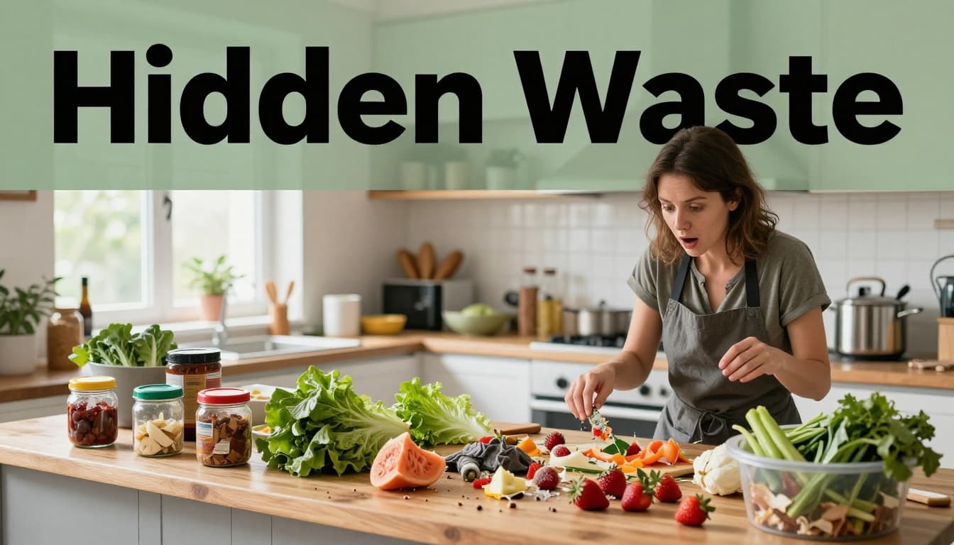 A busy home kitchen counter is cluttered with wilted lettuce, moldy strawberries, half-empty condiment jars, and an overflowing trash bin with discarded veggie scraps. A surprised person in an apron stands looking at the mess with hands at sides, under natural daylight in a realistic photo style.