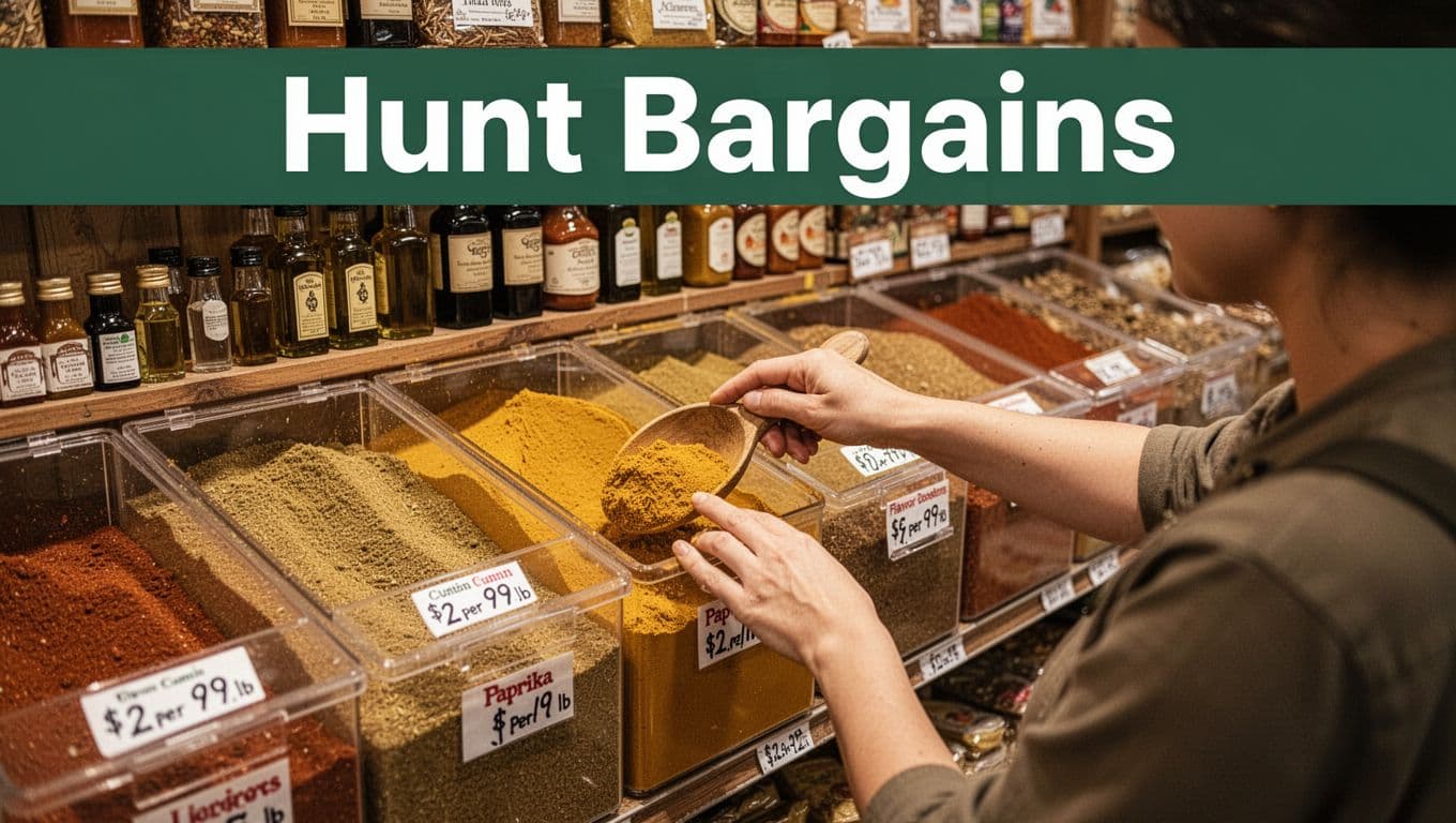 Tight realistic photo of a hand scooping colorful cumin, paprika, and turmeric from bulk bins in an ethnic market aisle, with prices under $2 per pound and nearby oils and sauces.