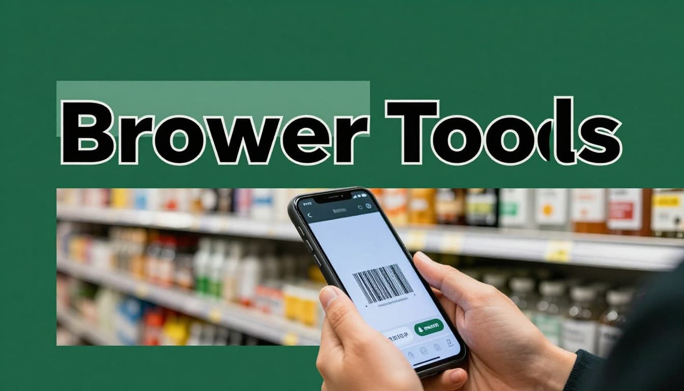 A shopper scans a product barcode using their smartphone in a store aisle with product shelves in the background, close-up on the phone screen.