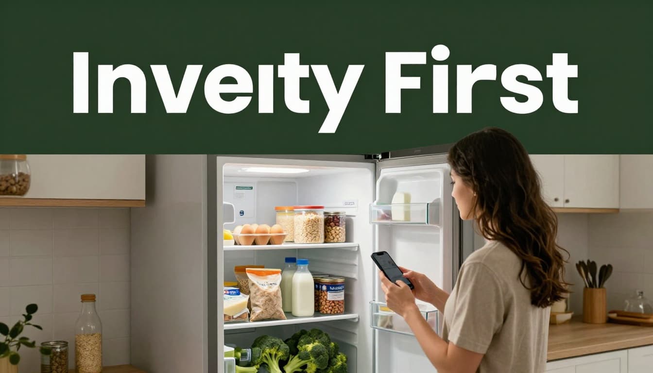 A person in a bright modern kitchen checks the open fridge stocked with eggs, frozen broccoli, and milk, and the pantry with rice, beans, and oats, while taking a photo with their phone. Wide composition with organized shelves, soft natural light, realistic style, and bold 'Inventory First' headline in a dark-green band at the top.