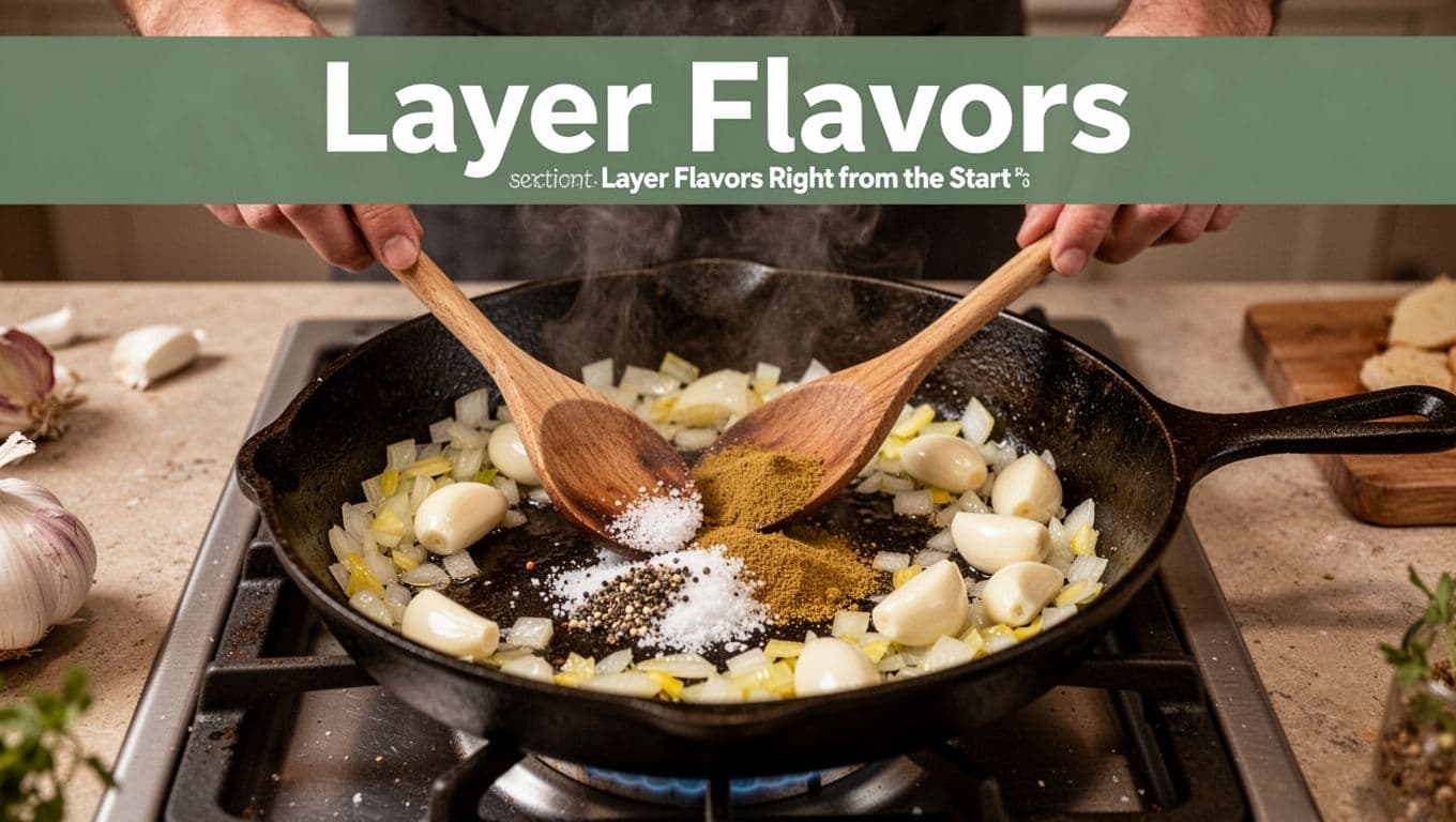 Sizzling cast iron pan on stovetop with chopped yellow onions, whole garlic cloves, salt, black pepper, and ground cumin stirred gently with steam rising in a home kitchen close-up.