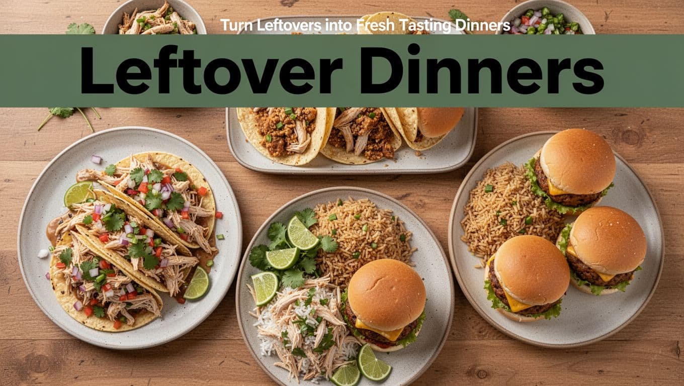 Top-down appetizing composition of three plates with fresh-looking leftover chicken repurposed into tacos with toppings, rice bowls, and sliders on buns, arranged on a wooden kitchen table with soft natural light. Bold 'Leftover Dinners' headline in Title Case on a muted dark-green band across the top.