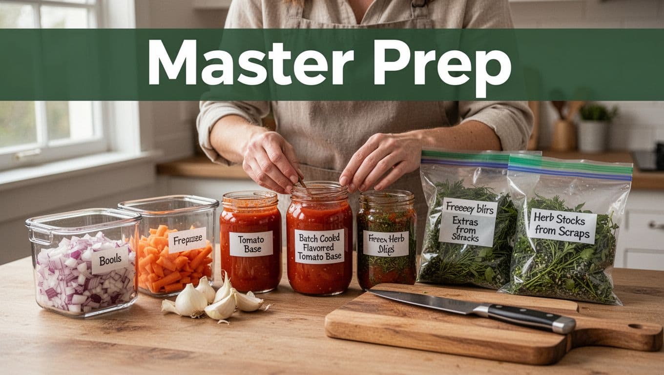 Realistic photo of a home kitchen counter with pre-chopped onions, garlic, carrots in clear containers, jars of tomato base sauce, labeled freezer bags of herbs and stocks, wooden cutting board and knife, one person arranging items in soft natural light, topped with 'Master Prep' banner.