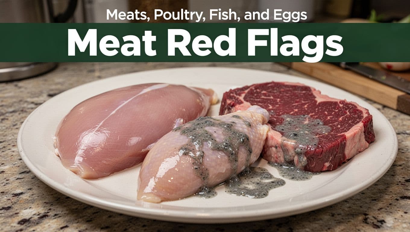 Raw chicken breast and steak on a plate contrasting fresh pink meat against gray slimy spoilage on a kitchen counter with angled composition and bold editorial headline.