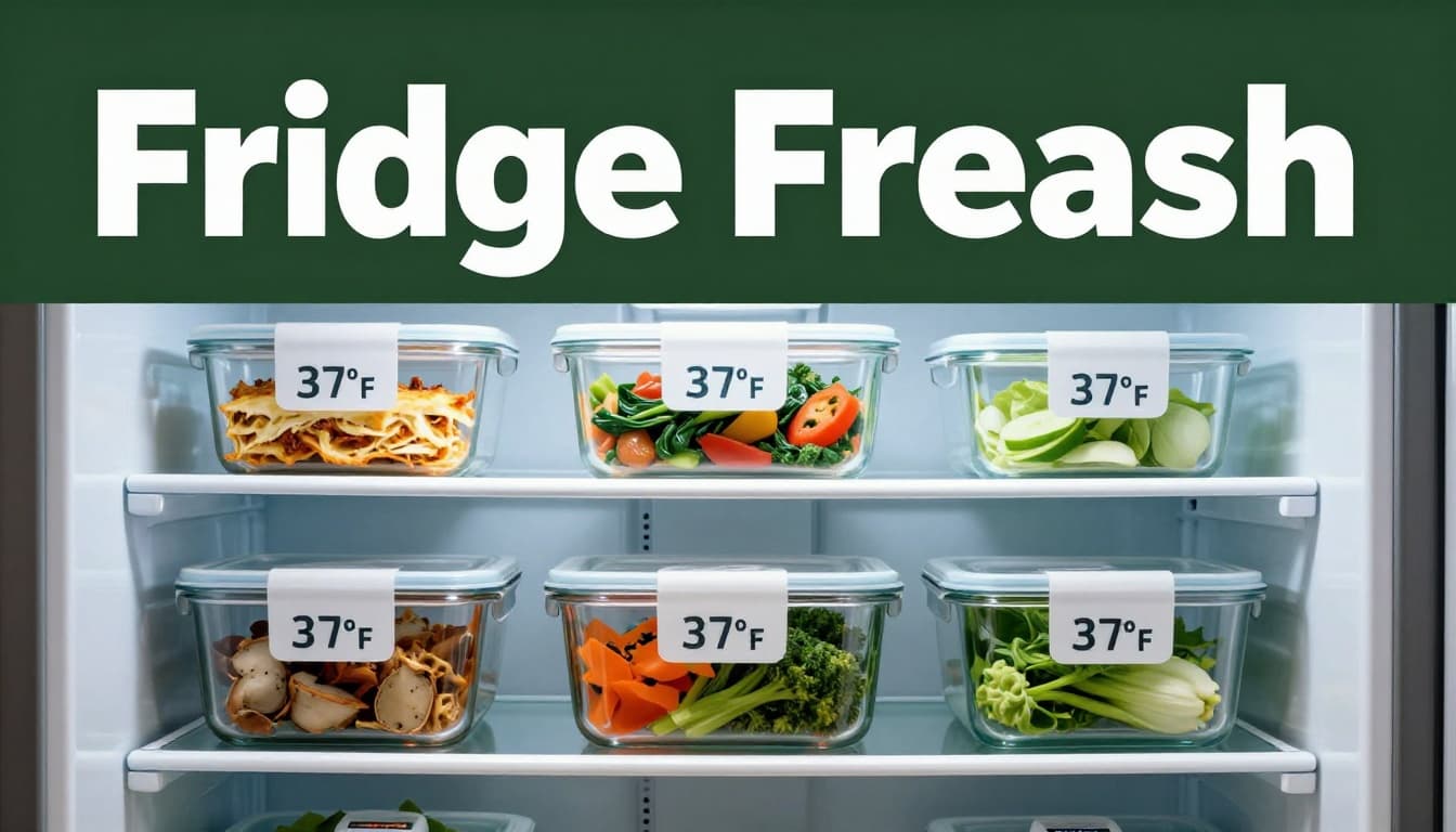 Open refrigerator door revealing organized shelves with four airtight glass containers of pre-cooked meals like lasagna slices and veggie stir-fry, labeled with dates using white tape, a digital thermometer reading 37°F on the shelf, crisp vegetables in the crisper drawer, cool blue lighting inside the clean modern fridge interior.