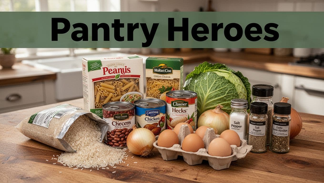 Photorealistic top-down view of pantry staples like spilling rice, pasta, beans, eggs, cabbage, onions, and spices piled on a wooden kitchen counter, with bold 'Pantry Heroes' headline on a dark-green band.