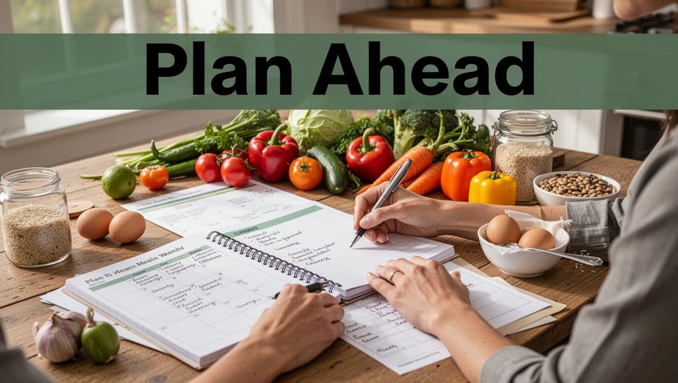 Close-up of hands writing a grocery list in an open notebook on a wooden kitchen table, surrounded by a calendar, colorful vegetables, eggs, beans, and rice, with natural daylight from a window. Bold 'Plan Ahead' headline in Montserrat Black font on a muted dark-green band at the top.