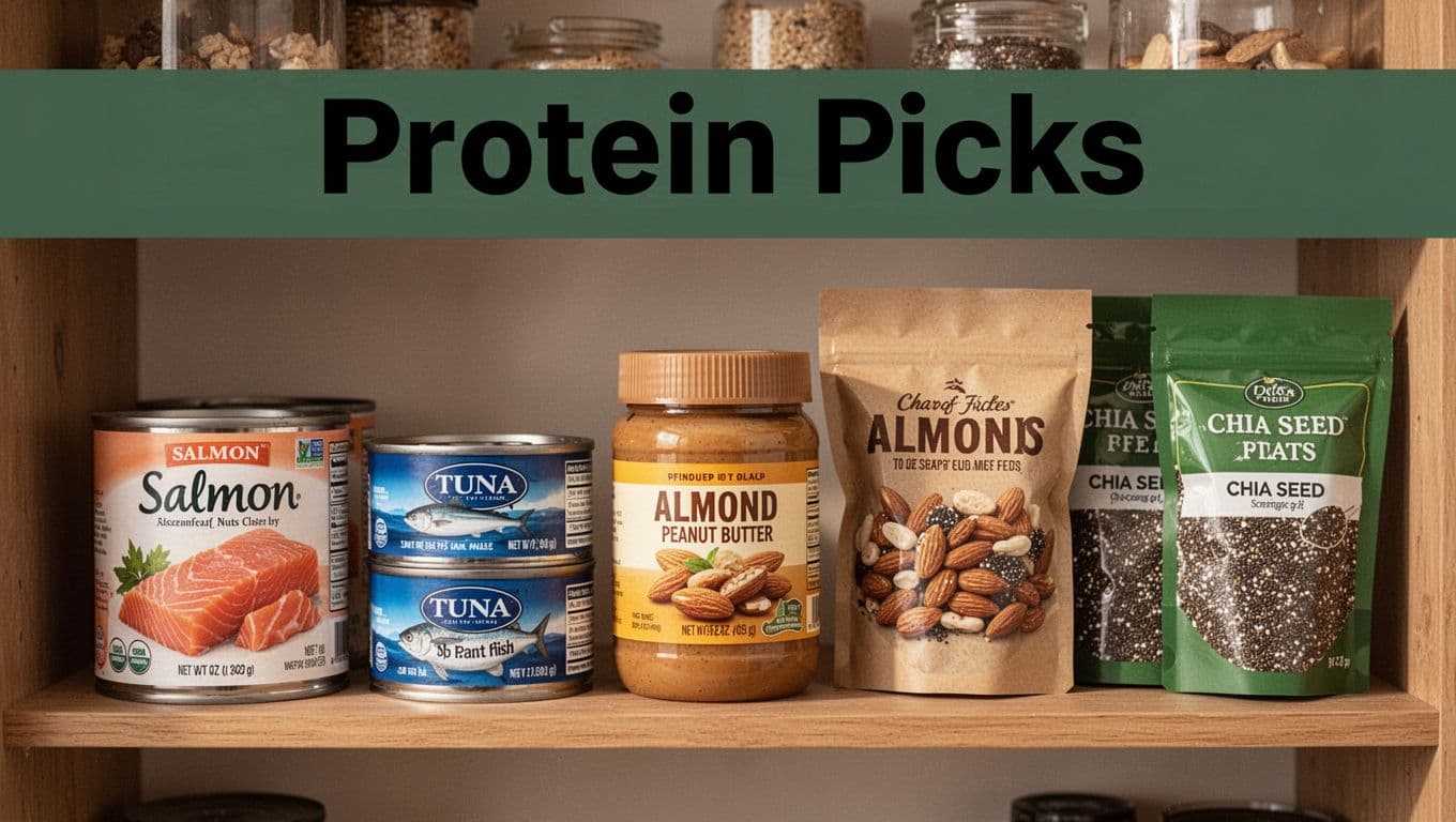 Close-up realistic photograph of a wooden pantry shelf in a cozy kitchen, stocked with canned tomatoes, jars of olive oil, and spices for quick meals. Bold editorial-style headline 'Protein Picks' headline band stays consistent.