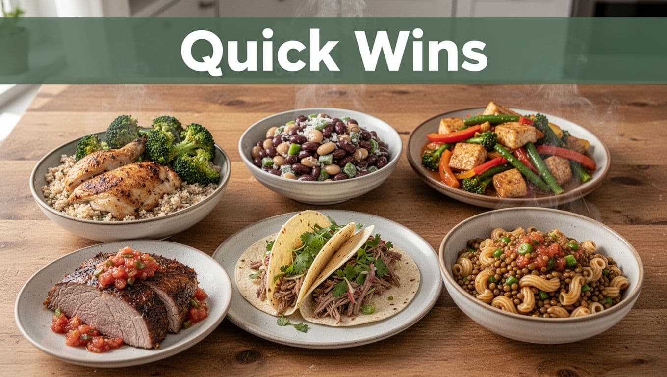 Vibrant top-down close-up of five steaming quick family dinner plates on a wooden kitchen table: grain bowl with roasted chicken and broccoli, bean salad, colorful stir-fry, soft tacos with leftover roast and salsa, lentil pasta bowl. Bold 'Quick Wins' headline on muted dark-green band at top, warm natural lighting, no people or extra items.