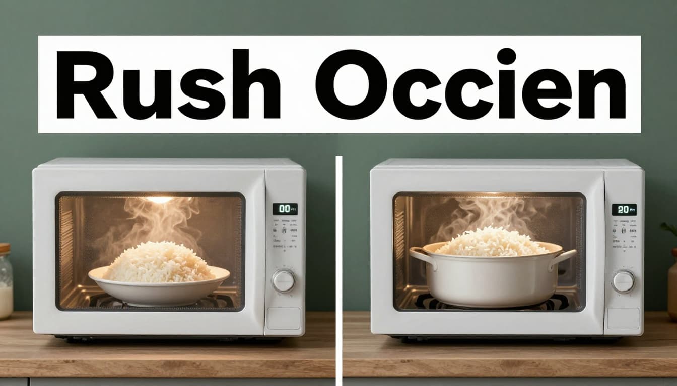 A microwave steaming rice with a short timer contrasts a forgotten simmering pot on the stove in a dim kitchen, split-view composition highlighting rushed versus proper cooking.