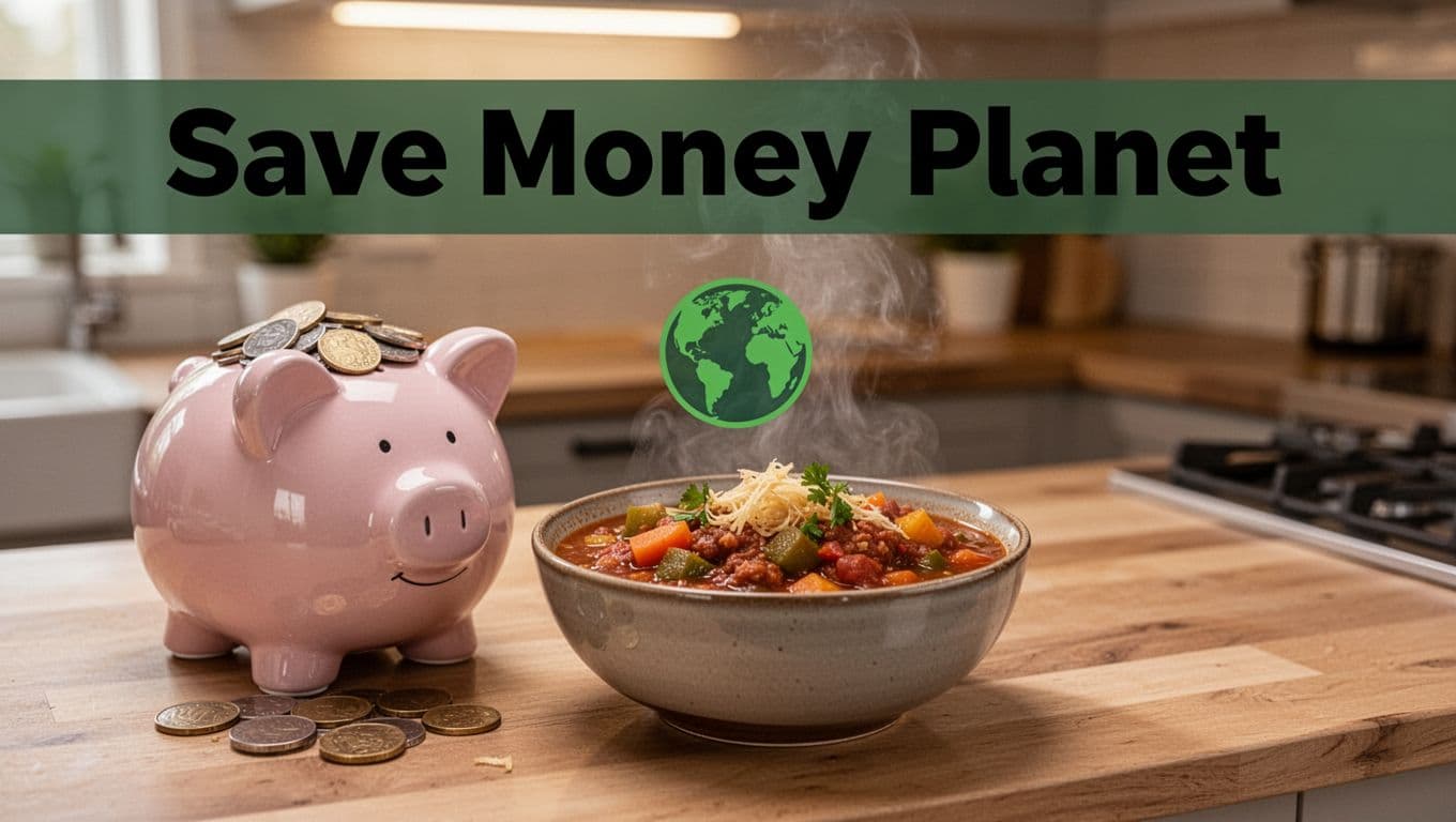 Neat kitchen counter with piggy bank filled with coins next to steaming bowl of vegetable chili from scraps, subtle green earth icon in background, warm lighting, realistic photo with bold 'Save Money Planet' headline in dark-green band at top.