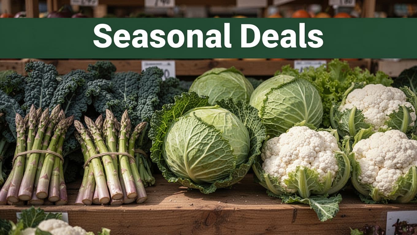 Assortment of seasonal produce including green asparagus, kale, cabbage, lettuce, and cauliflower on a wooden market stall under natural daylight, centered on a focal cabbage head, with a top banner reading 'Seasonal Deals'. Realistic photography in warm earthy tones with soft shadows.