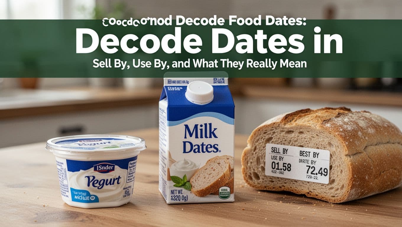 Close-up on a kitchen table with milk carton, yogurt tub, and bread loaf prominently displaying Sell By, Use By, and Best By date labels. Bold 'Decode Dates' headline in a dark-green band emphasizes the confusion around food date meanings.