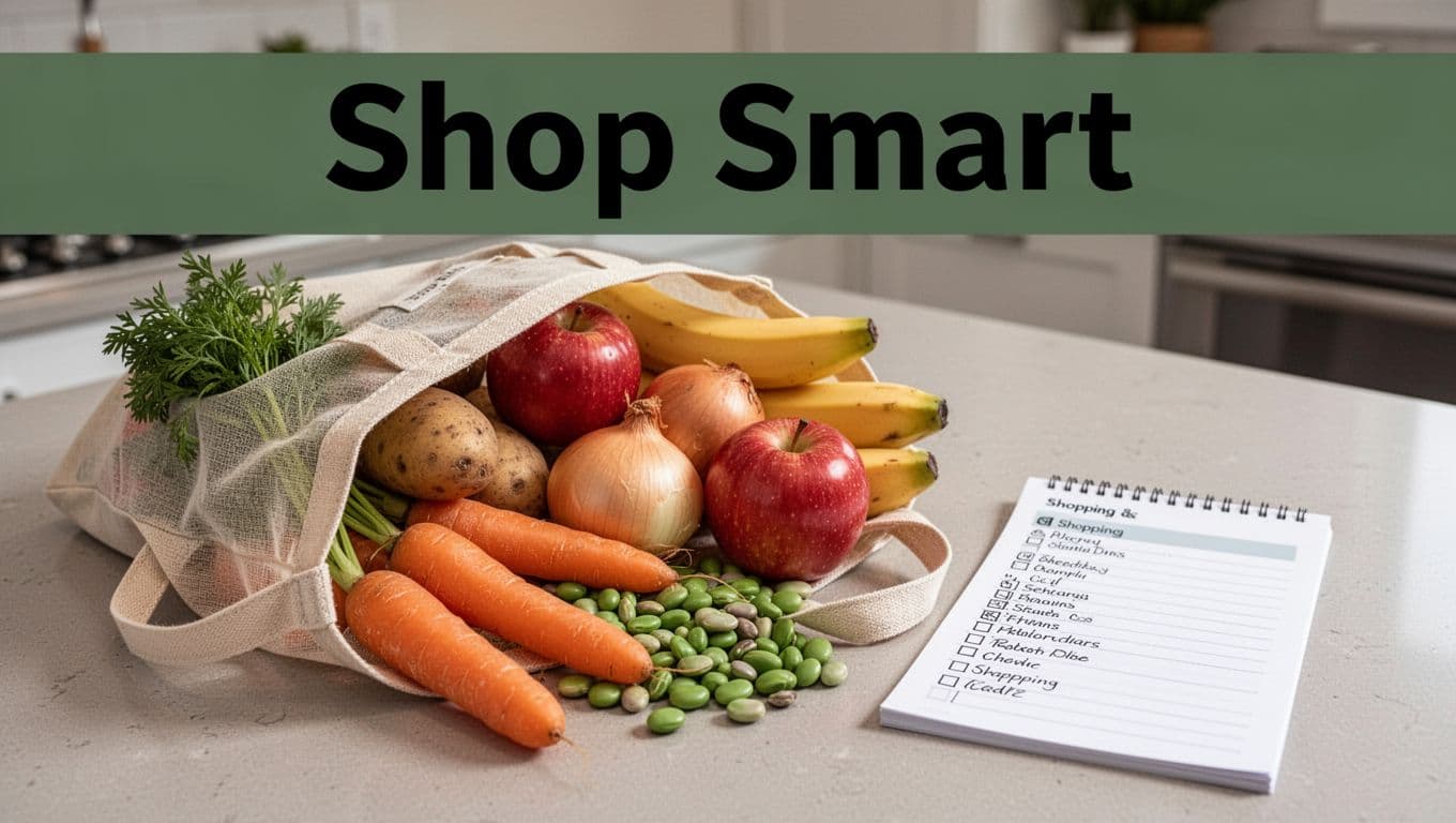 Fresh affordable produce like carrots, potatoes, onions, beans, apples, bananas in a reusable grocery bag on a kitchen counter next to a precise shopping list notepad, soft overhead lighting natural realistic side view photo focused on spilling bag contents.