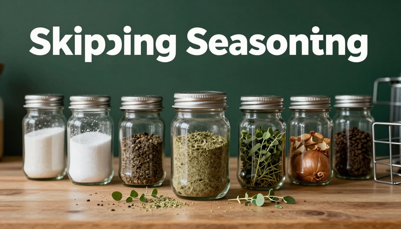 Kitchen counter with loosely scattered jars of salt, black pepper, garlic powder, dried onions, and oregano beside an empty spice rack under warm lighting, tight realistic photo composition with muted tones and relaxed hands nearby. Muted dark-green top band featuring bold 'Skipping Seasonings' headline in high-contrast geometric sans-serif typography.