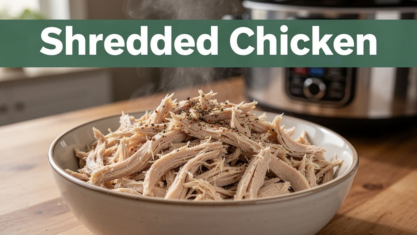 Bowl of tender shredded chicken from a slow cooker portioned for tacos and salads all week.