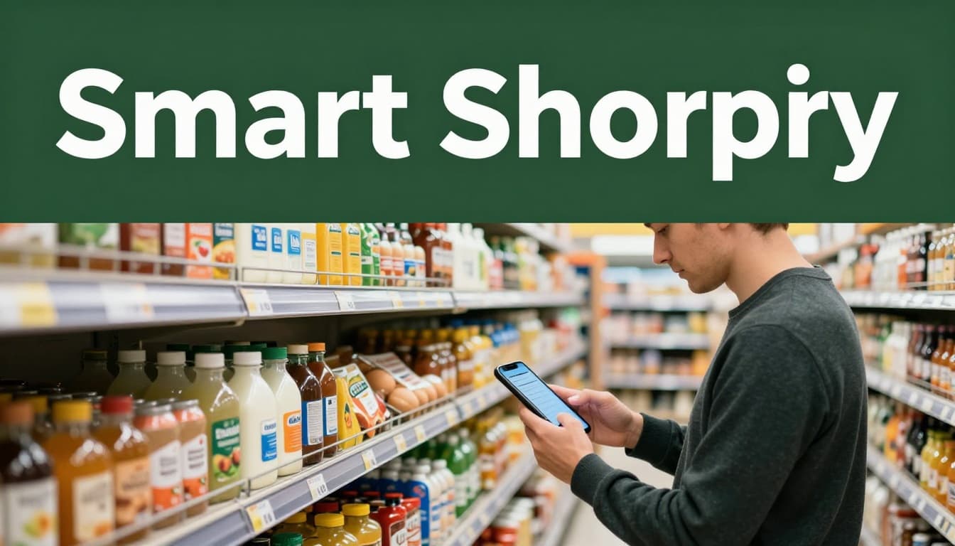 Photorealistic image of a shopper in a bright grocery store aisle checking their smartphone shopping list against a cart with basics like milk, eggs, and produce, under a bold 'Smart Shopping' headline in a muted dark-green top band.