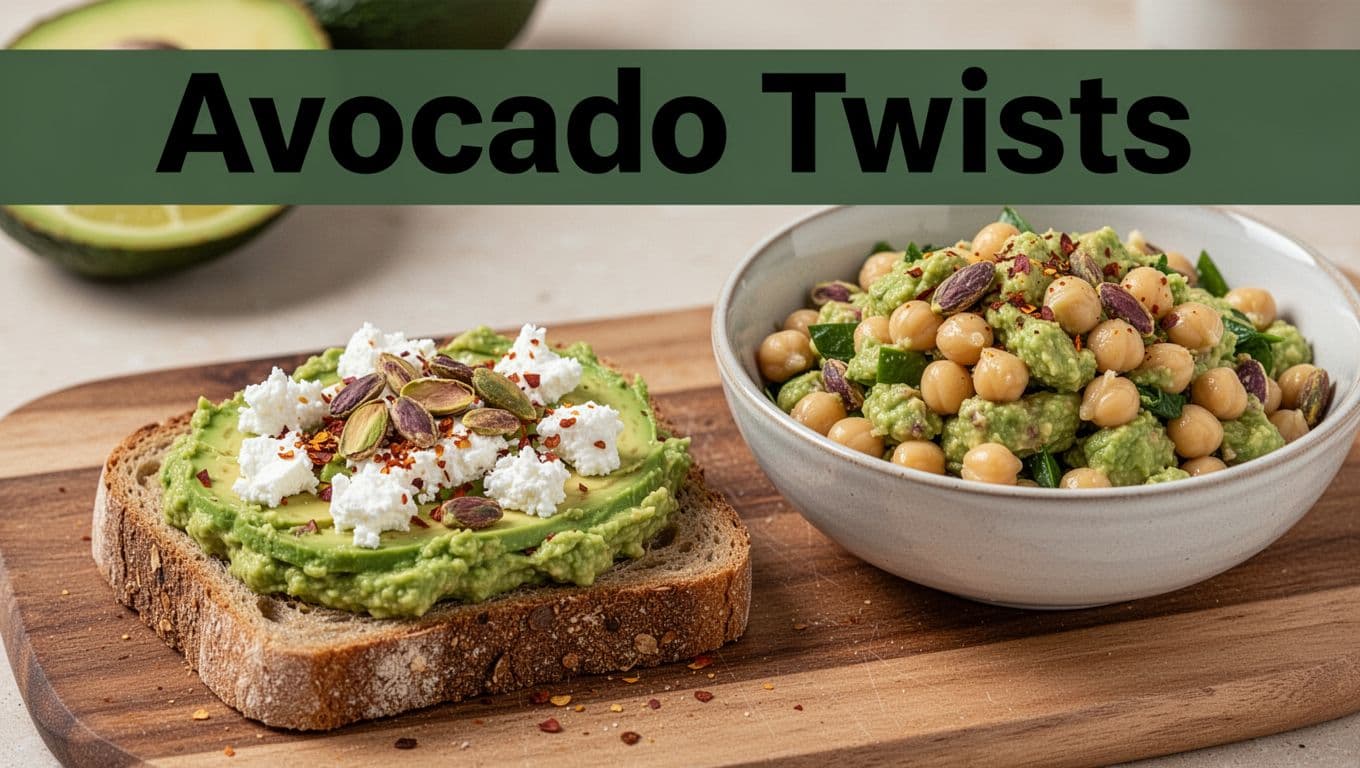 Sliced avocado toast topped with smashed green avocado, pistachios, chili flakes, and farmer's cheese on rustic bread, beside a chickpea avocado salad bowl on a wooden board. Close-up food styling with bright natural light and vibrant fresh colors demonstrates avocado upgrades and pairings.