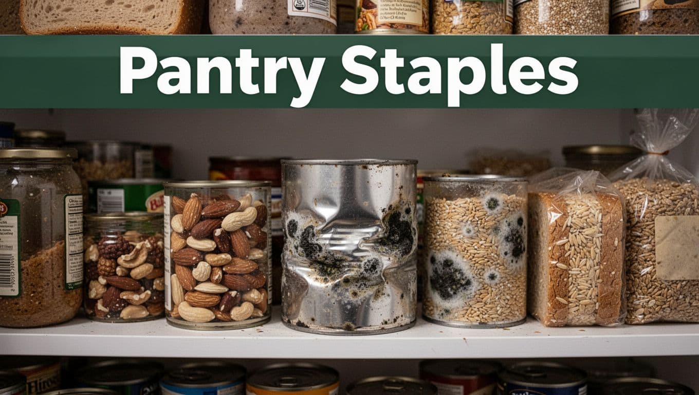 Side view of a pantry shelf stocked with an assortment of canned goods, nuts, bread, and grains showing spoilage signs like dents, bulges, and mold, under soft lighting with focus on a central bulging can and a bold 'Pantry Staples' headline in a dark-green band.